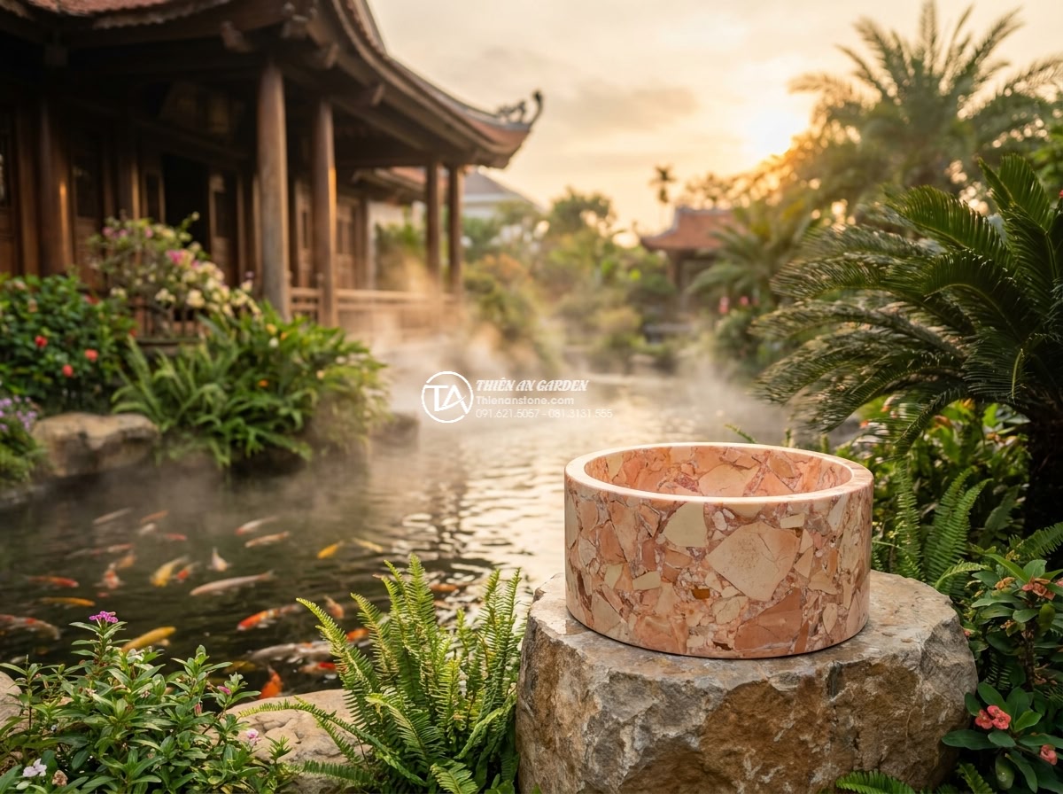 Lavabo đá hồng huyết long hình trụ nông cao 15cm (400x400x150mm) - Wide cinematic shot of a luxurious Vietnamese villa garden at golden hour, featu