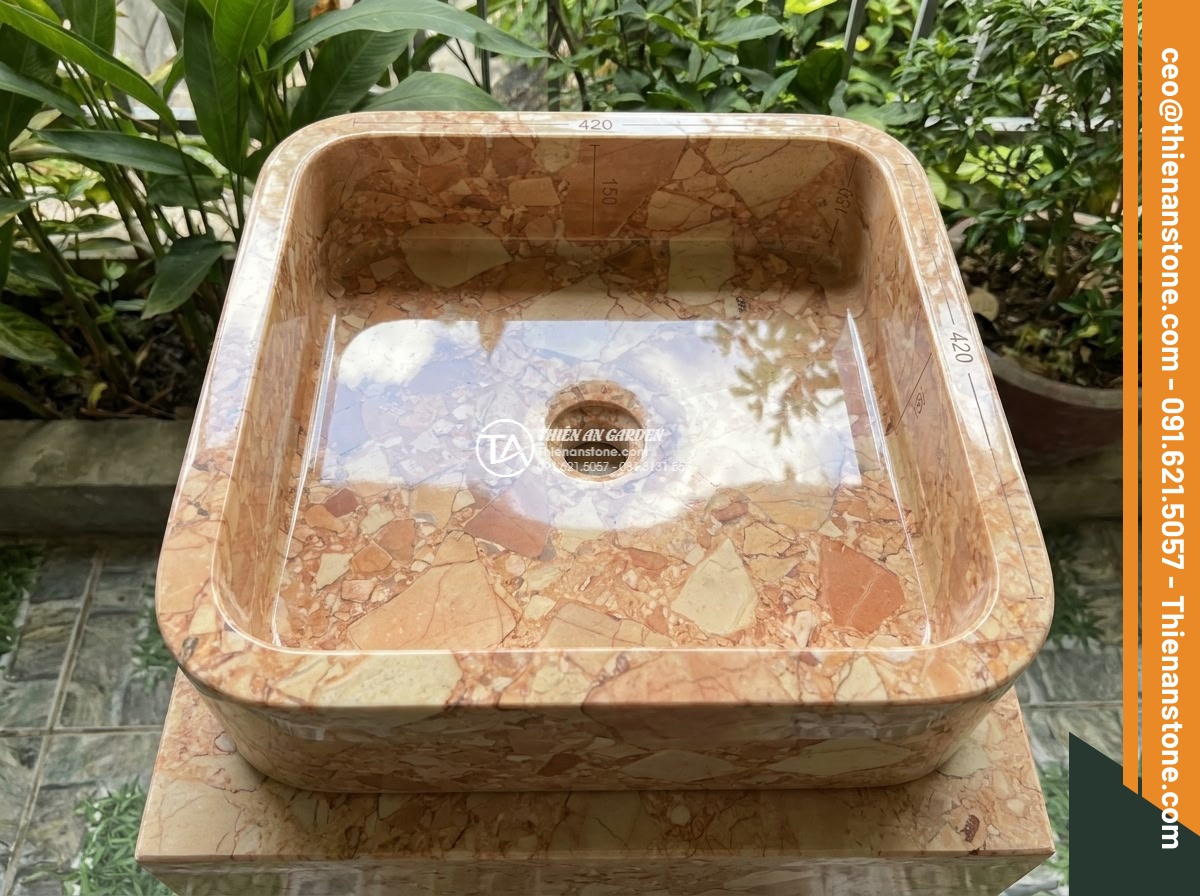 Lavabo đá hồng huyết long hình vuông bo cạnh 42cm (420x420x150mm) - Hình 3 Lavabo đá hồng huyết long hình vuông bo cạnh 42cm (420x420x150mm) - Technical yet artistic top-down view of square 420x420x150mm red marble lavabo w