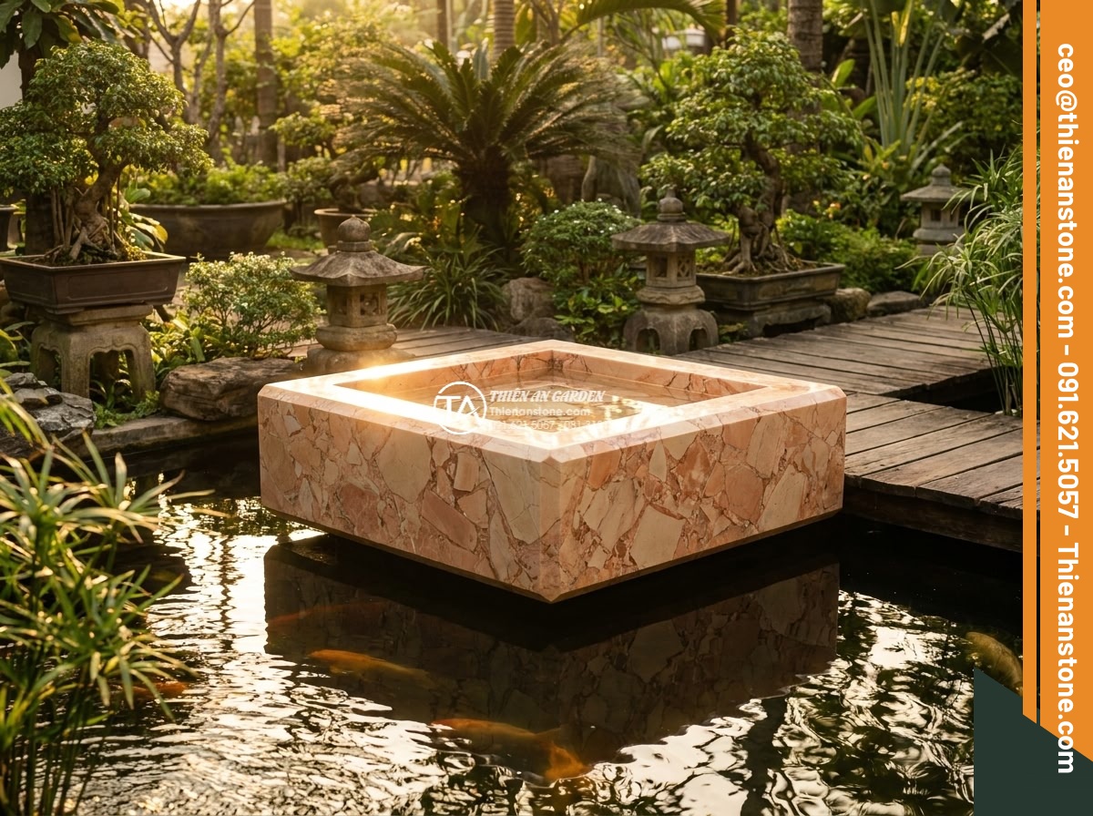 Lavabo đá hồng huyết long hình vuông vát cạnh (400x400x150mm) - Hình 2 Lavabo đá hồng huyết long hình vuông vát cạnh (400x400x150mm) - Wide cinematic shot of square pink blood dragon stone lavabo 400x400x150mm posit