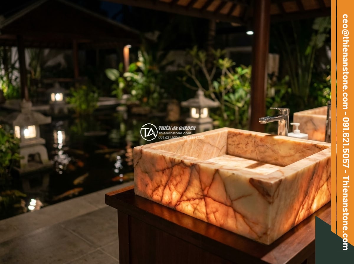 Lavabo đá hồng huyết long hình vuông vát cạnh (400x400x150mm) - Hình 5 Lavabo đá hồng huyết long hình vuông vát cạnh (400x400x150mm) - Lavabo square pink blood dragon stone 400x400x150mm glowing beautifully under wa