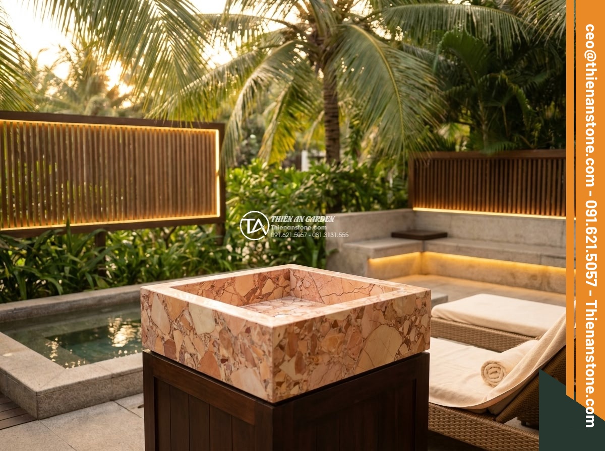 Lavabo đá hồng huyết long hình vuông vát cạnh (400x400x150mm) - Hình 8 Lavabo đá hồng huyết long hình vuông vát cạnh (400x400x150mm) - Resort outdoor spa area with square pink blood dragon stone lavabo 400x400x150mm