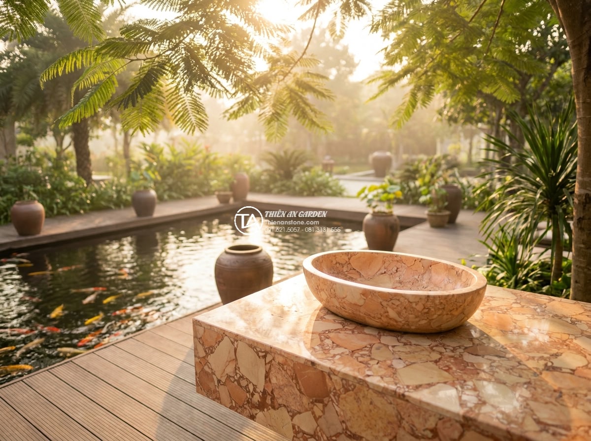 Lavabo đá hồng huyết long Oval dài 48cm (480x380x150mm) - Cinematic wide-angle photograph of an elegant oval pink dragon blood marble sink