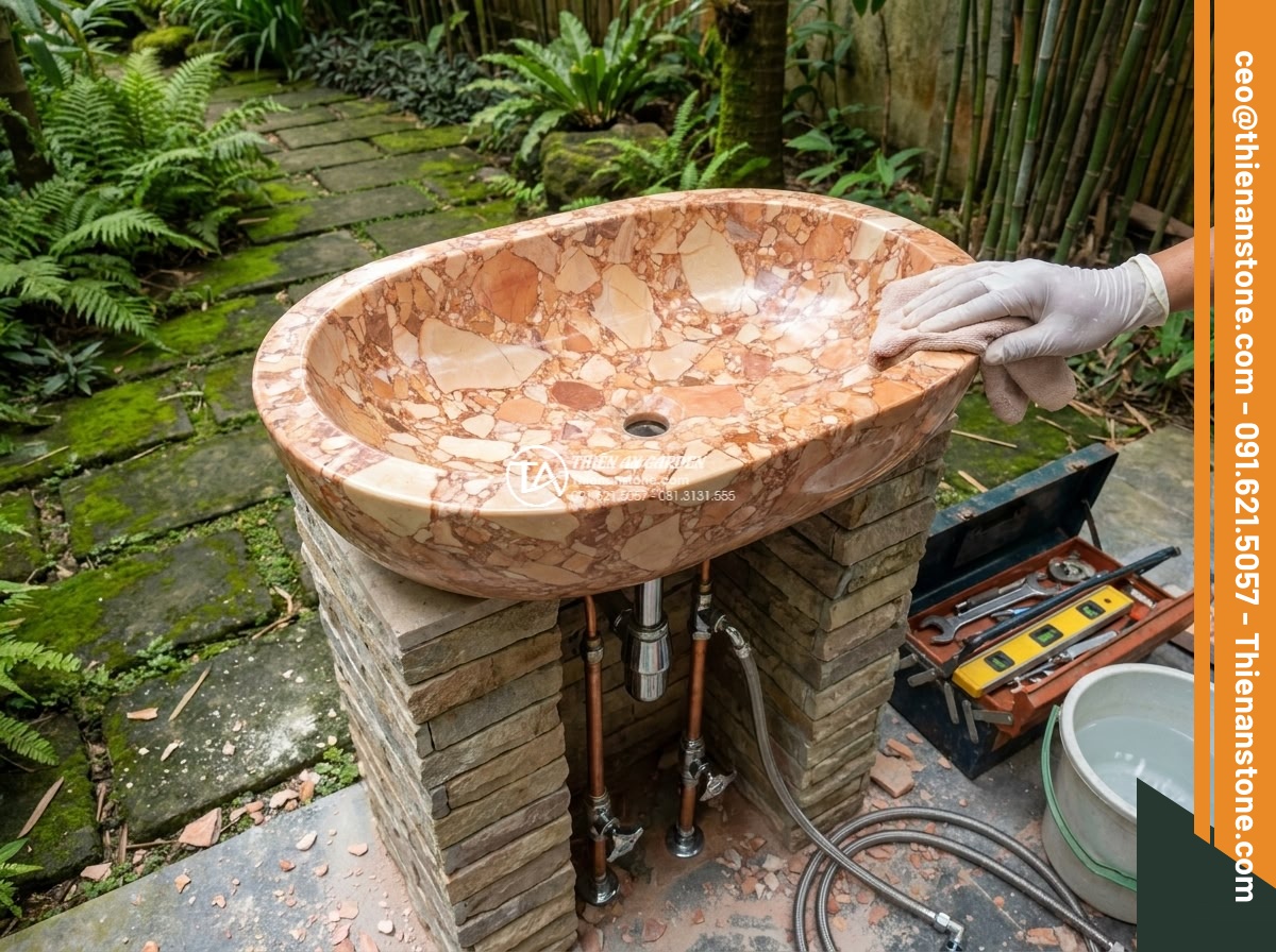 Lavabo đá hồng huyết long Oval dài 48cm (480x380x150mm)