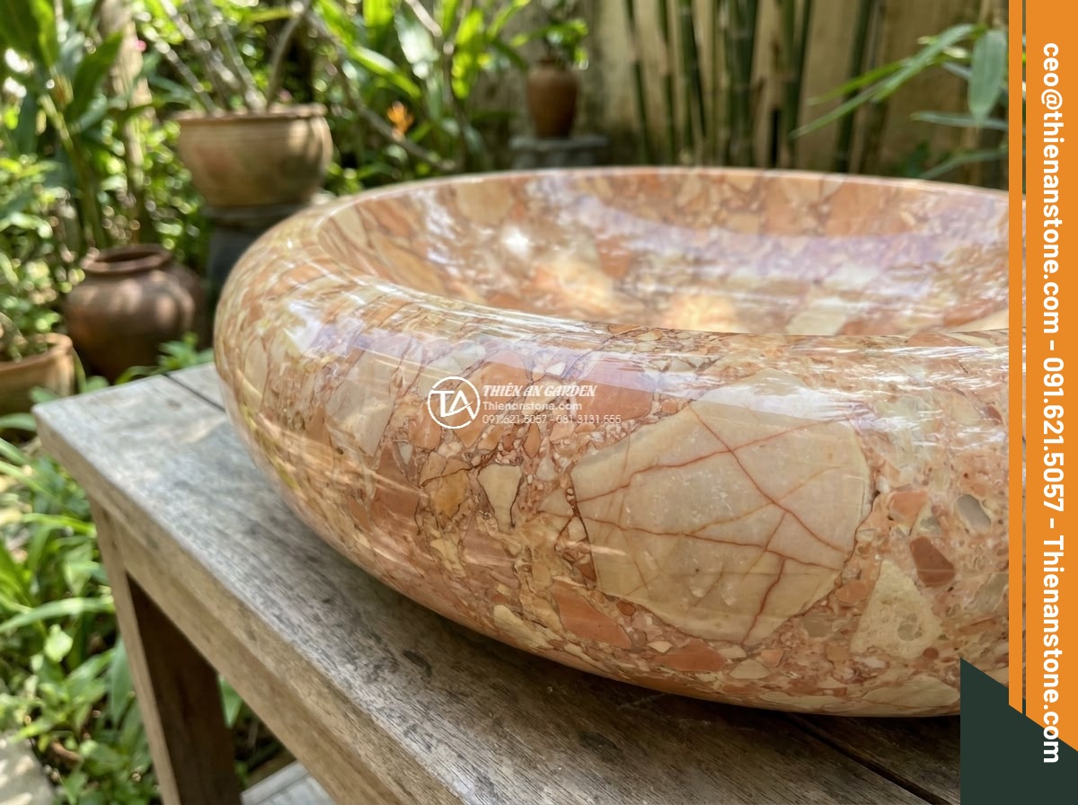 Lavabo đá hồng huyết long Oval dài 48cm (480x380x150mm)