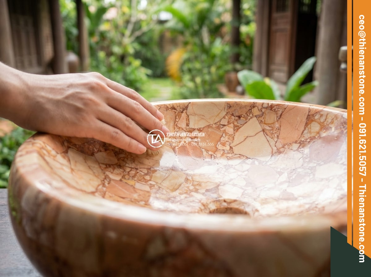 Lavabo đá hồng huyết long Oval dài 48cm (480x380x150mm)