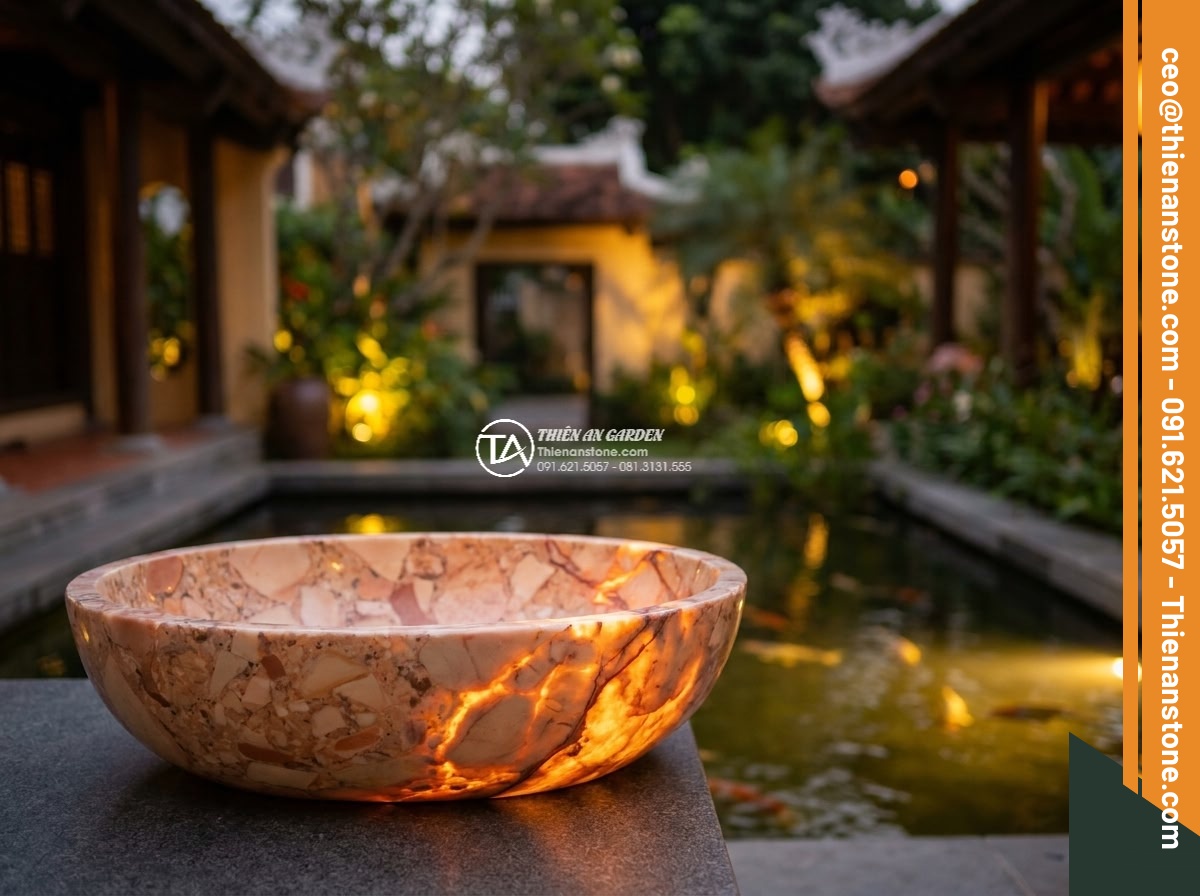 Lavabo đá hồng huyết long Oval dài 48cm (480x380x150mm)