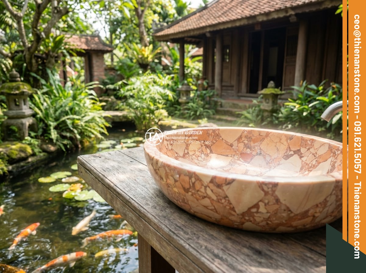 Lavabo đá hồng huyết long Oval dài 48cm (480x380x150mm)