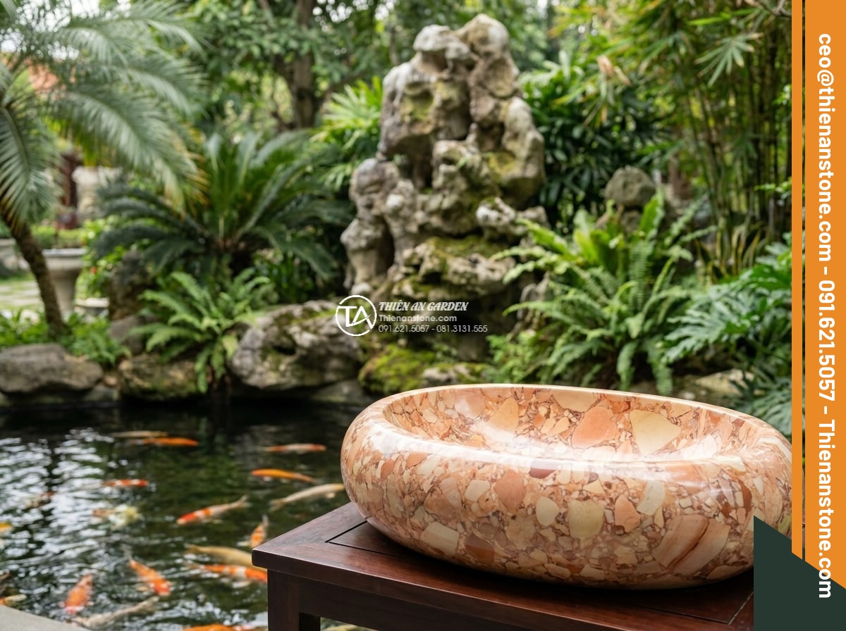 Lavabo đá hồng huyết long Oval dài 48cm (480x380x150mm)