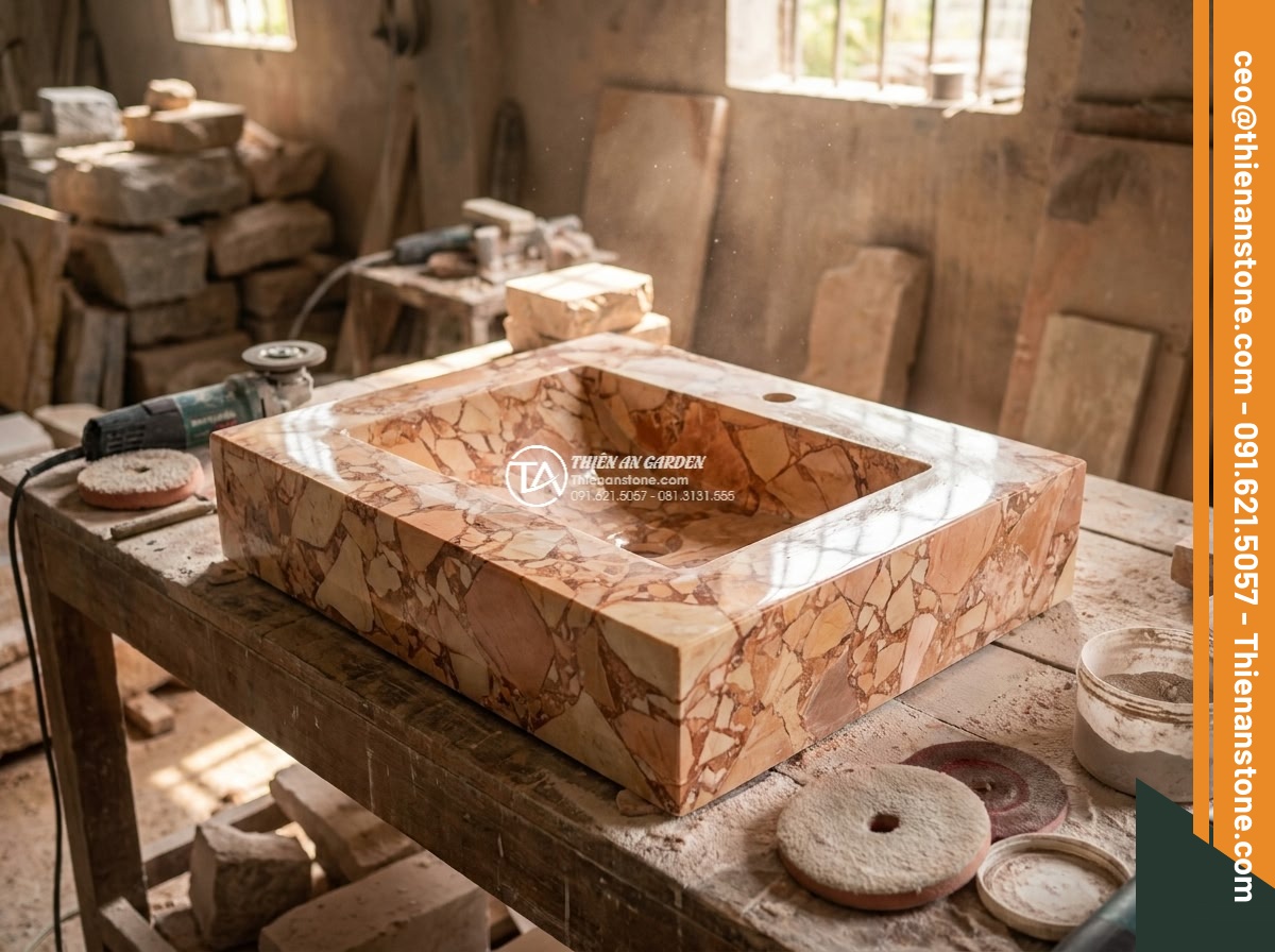 Lavabo đá hồng huyết long Oval dài 48cm (480x380x150mm)