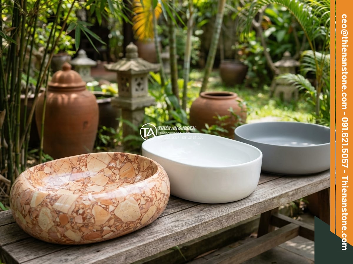 Lavabo đá hồng huyết long Oval dài 48cm (480x380x150mm)