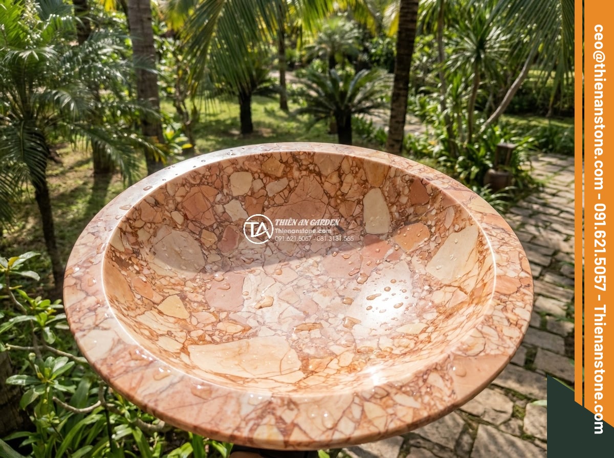 Lavabo đá hồng huyết long tròn 42cm (420x420x150mm)