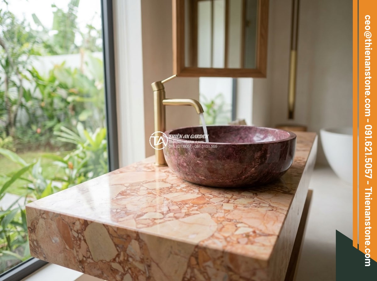 Lavabo đá hồng huyết long tròn 42cm (420x420x150mm)