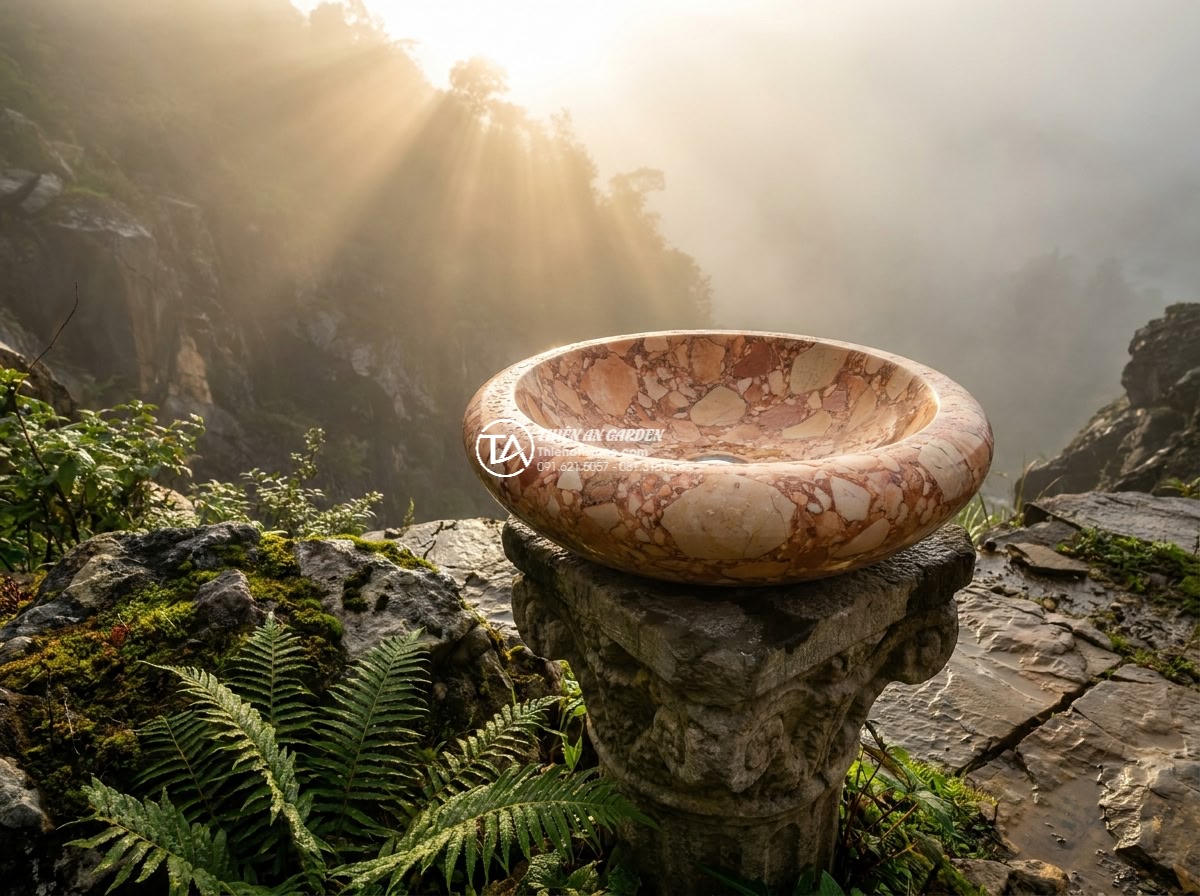 Lavabo đá hồng huyết long tròn phình 42cm (420x420x150mm) - Photorealistic cinematic wide angle view of a premium pink and red veined dragon