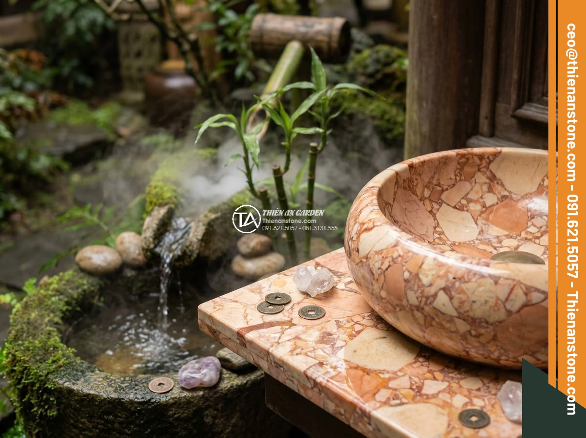 Lavabo đá hồng huyết long tròn phình 42cm (420x420x150mm) - Hình 13 Lavabo đá hồng huyết long tròn phình 42cm (420x420x150mm) - Serene zen garden setting with the 42cm hong huyet long lavabo placed beside a s