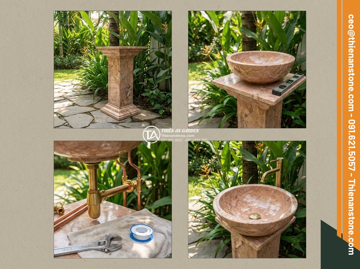 Lavabo đá hồng huyết long tròn phình 42cm (420x420x150mm) - Hình 18 Lavabo đá hồng huyết long tròn phình 42cm (420x420x150mm) - Step-by-step professional installation sequence collage of the 42cm lavabo being