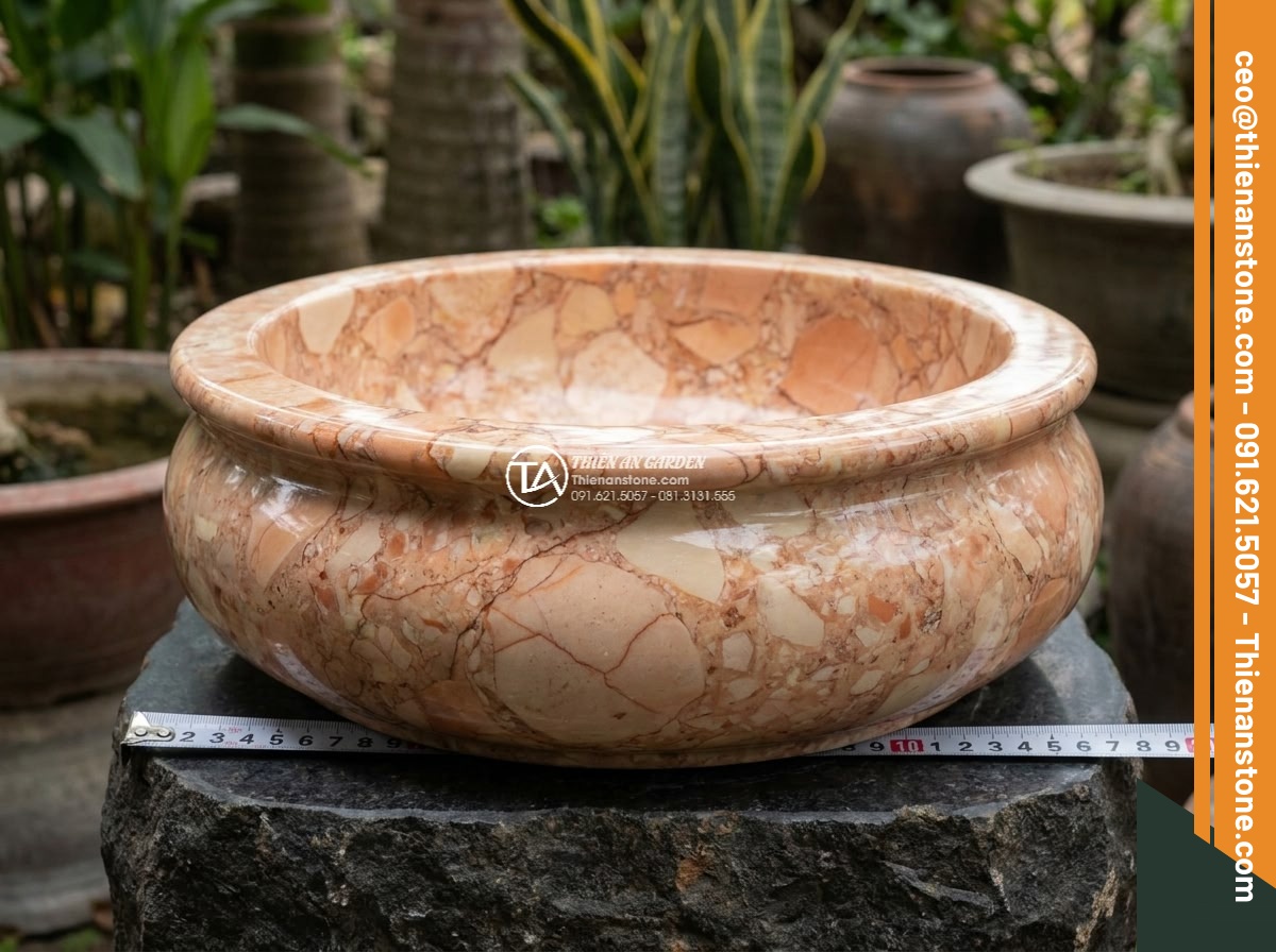 Lavabo đá hồng huyết long tròn phình 42cm (420x420x150mm) - Hình 6 Lavabo đá hồng huyết long tròn phình 42cm (420x420x150mm) - Technical yet artistic close-up of the exact 420mm diameter and 150mm height of