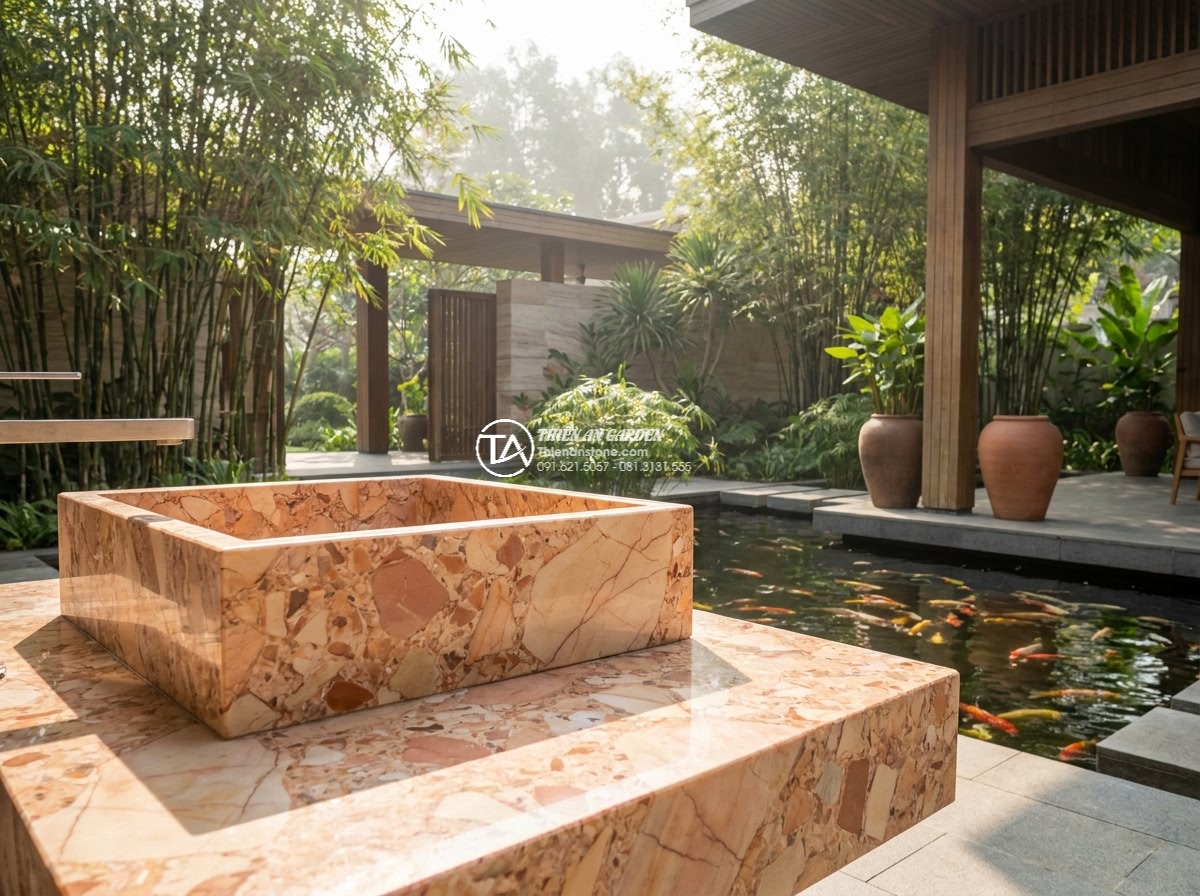 Lavabo đá hồng huyết long vuông 42cm (420x420x150mm) - Wide angle cinematic view of a luxurious outdoor garden pavilion at a high-end V