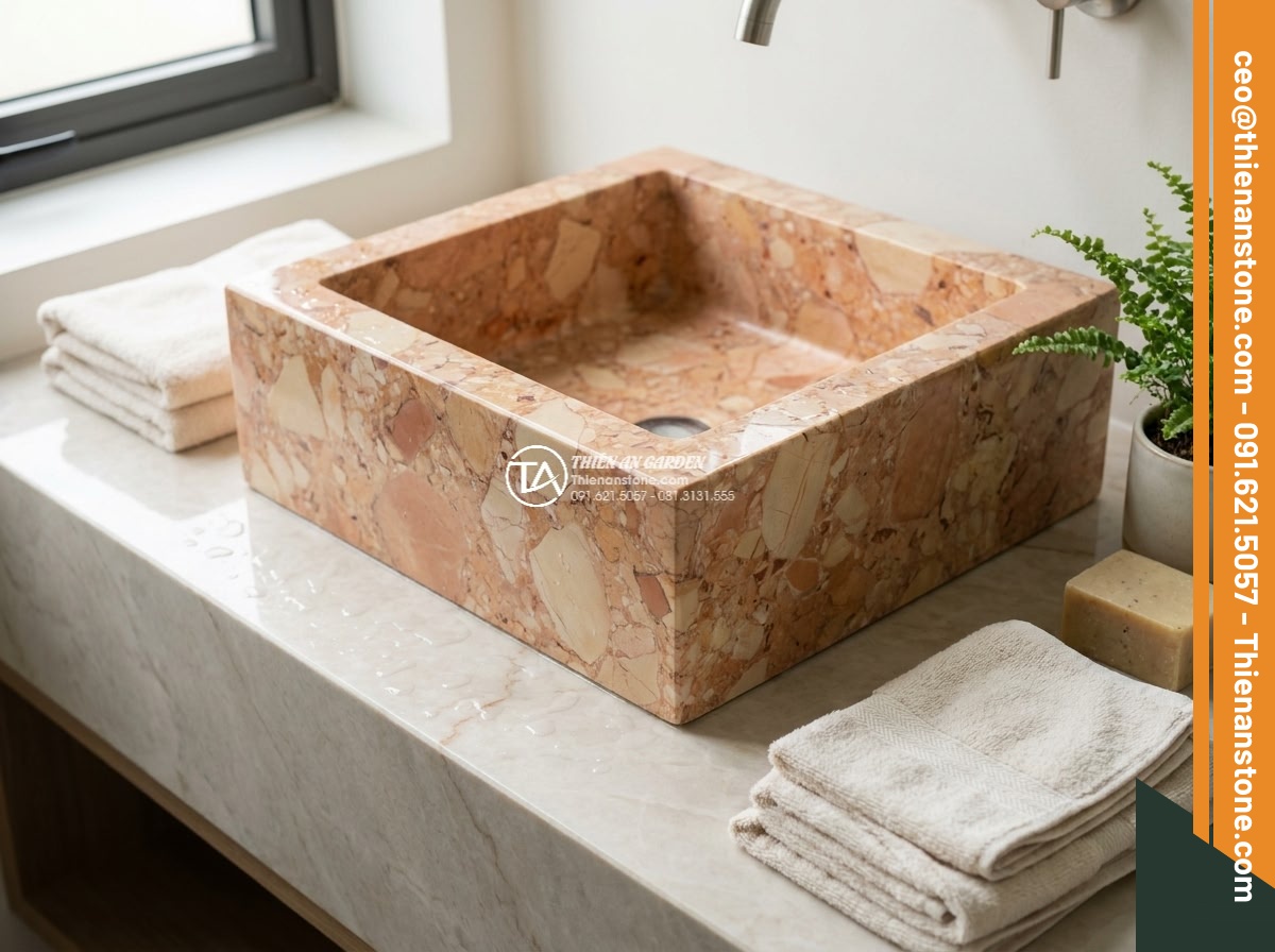Lavabo đá hồng huyết long vuông 42cm (420x420x150mm)