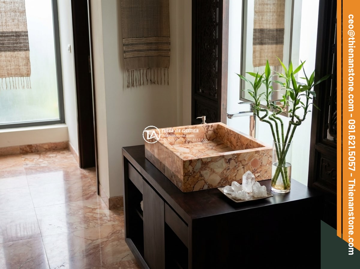 Lavabo đá hồng huyết long vuông 42cm (420x420x150mm)