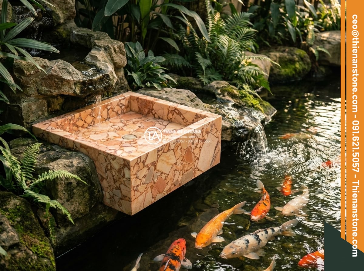 Lavabo đá hồng huyết long vuông 42cm (420x420x150mm)