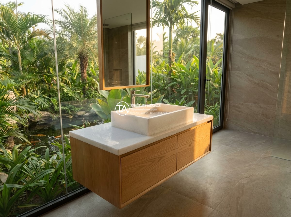 Lavabo đá trắng cẩm thạch chữ nhật 42cm (420x350x140mm) - Photorealistic wide shot of a luxurious rectangular white marble lavabo sink 420