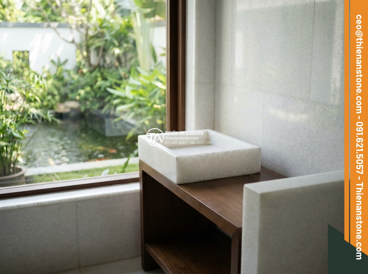 Lavabo đá trắng cẩm thạch chữ nhật 42cm (420x350x140mm)