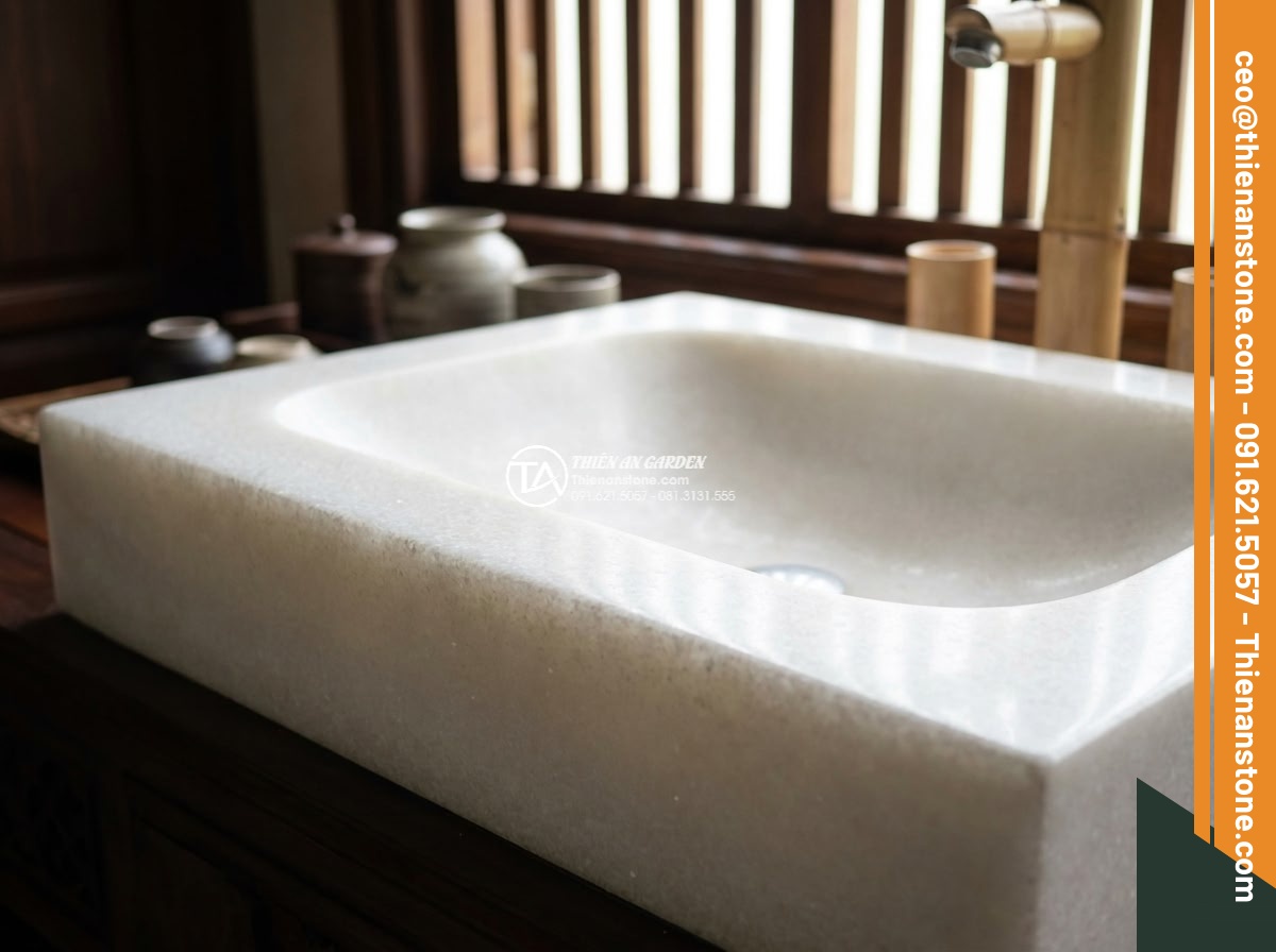 Lavabo đá trắng cẩm thạch chữ nhật 42cm (420x350x140mm)