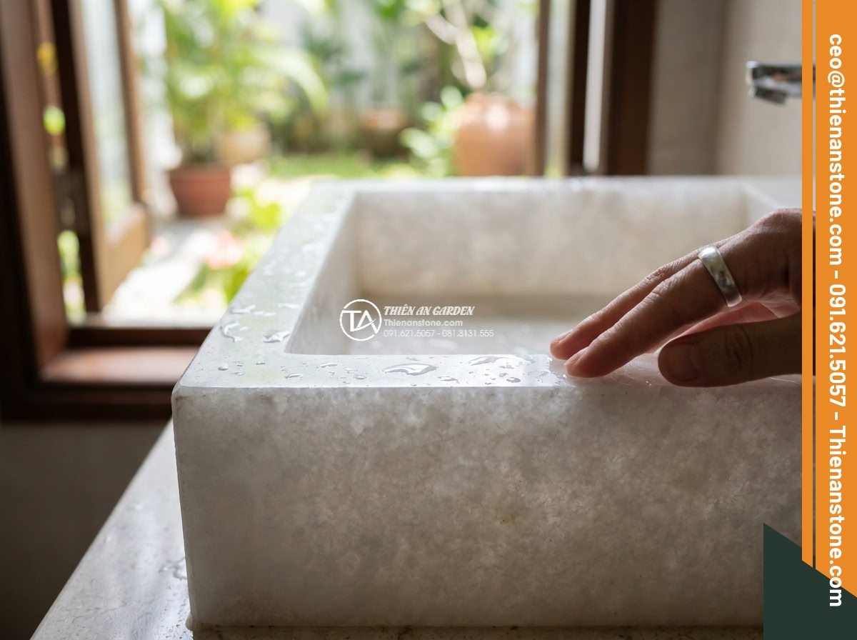 Lavabo đá trắng cẩm thạch chữ nhật 42cm (420x350x140mm)