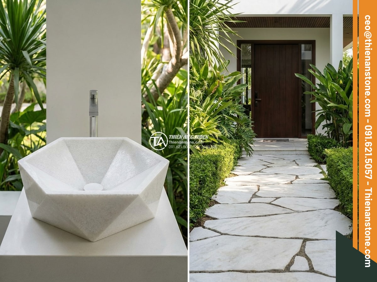 Lavabo đá trắng cẩm thạch đa giác (400x400x150mm) - Hình 10 Lavabo đá trắng cẩm thạch đa giác (400x400x150mm) - Comparison style professional image showing the white marble polygonal lavabo 40