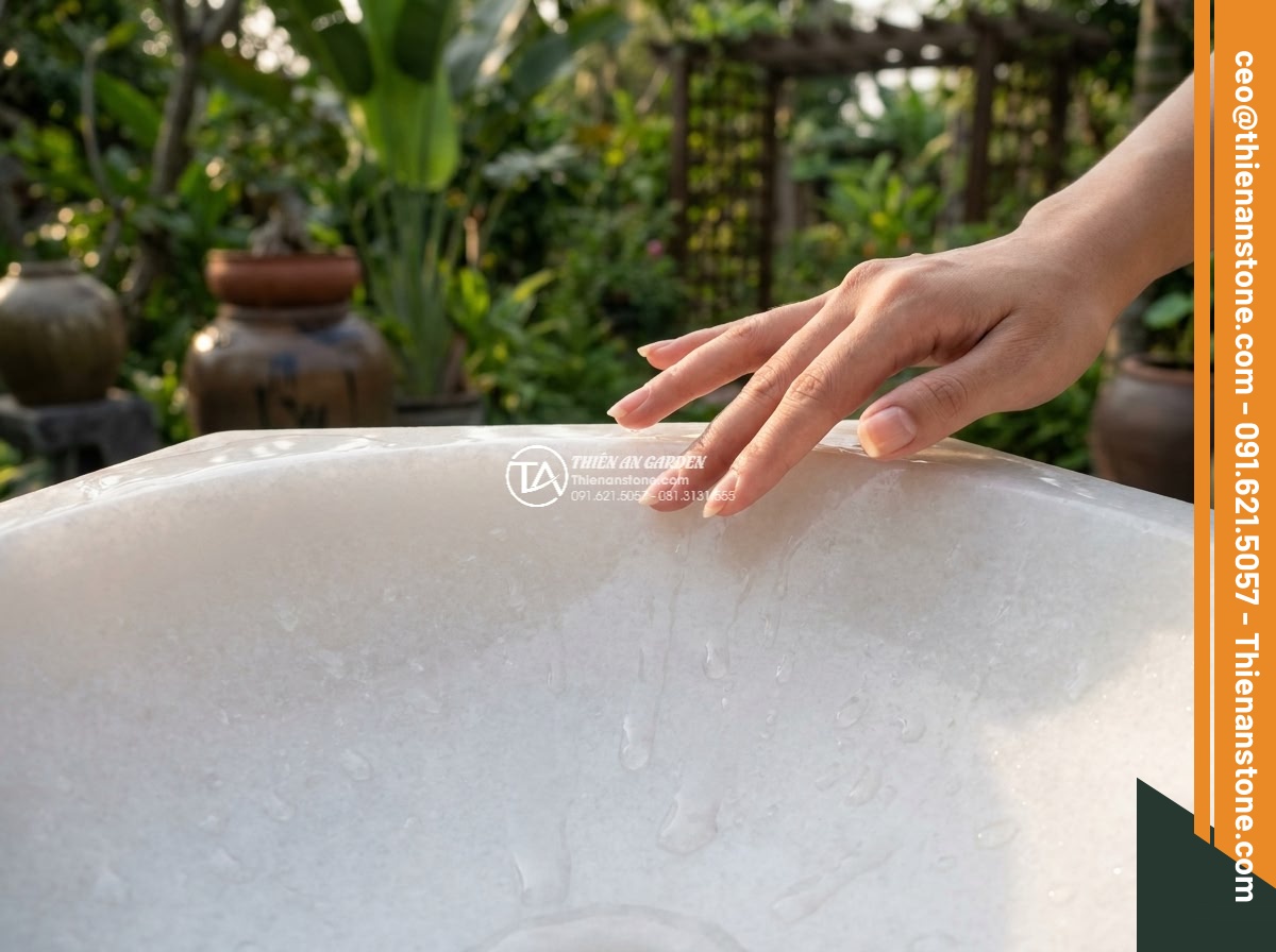 Lavabo đá trắng cẩm thạch đa giác (400x400x150mm) - Hình 4 Lavabo đá trắng cẩm thạch đa giác (400x400x150mm) - Tactile close-up of a hand gently touching the ultra-smooth polished surface of