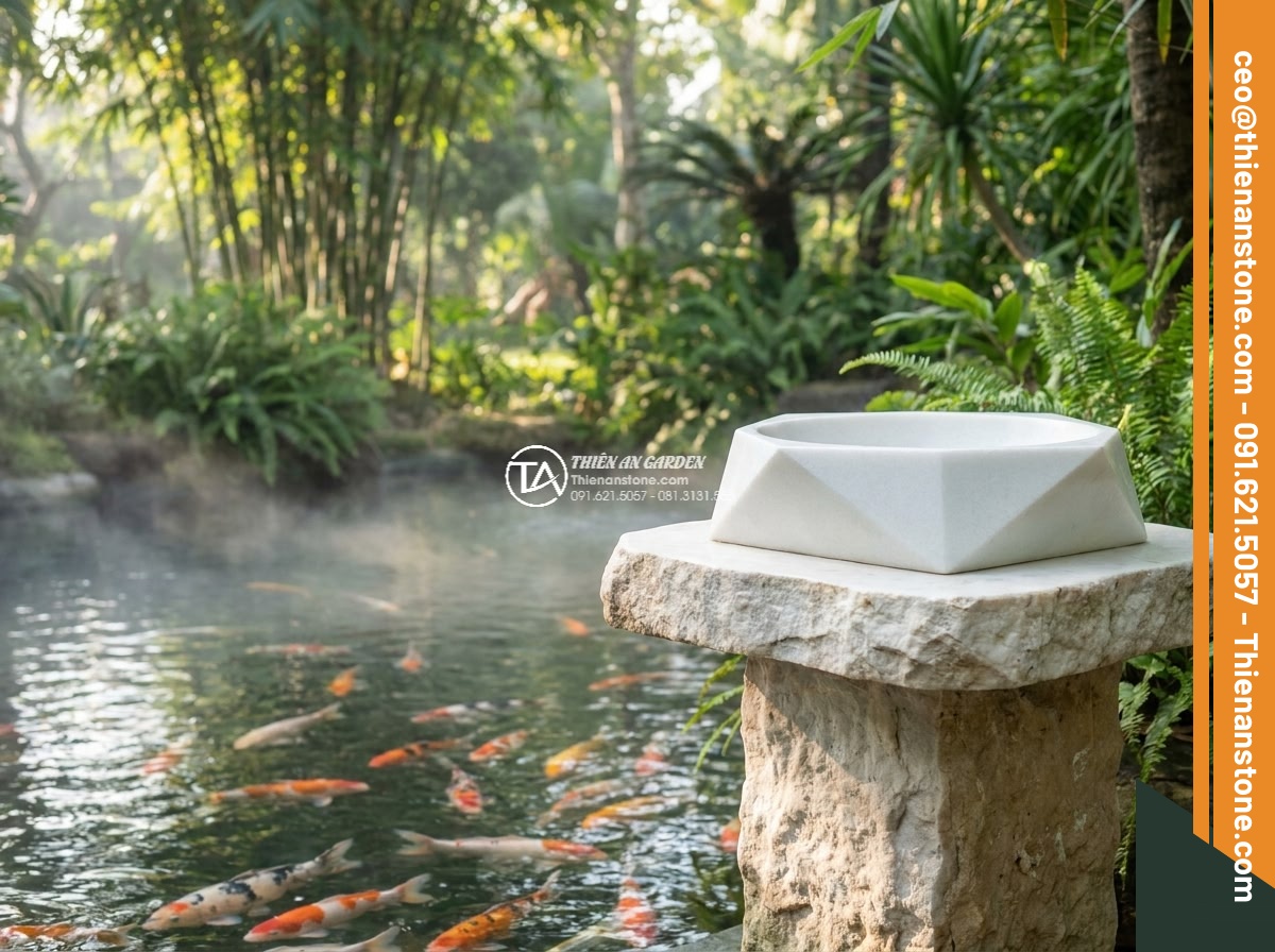 Lavabo đá trắng cẩm thạch đa giác (400x400x150mm) - Hình 7 Lavabo đá trắng cẩm thạch đa giác (400x400x150mm) - Serene photograph of a beautifully designed koi pond with crystal clear water an
