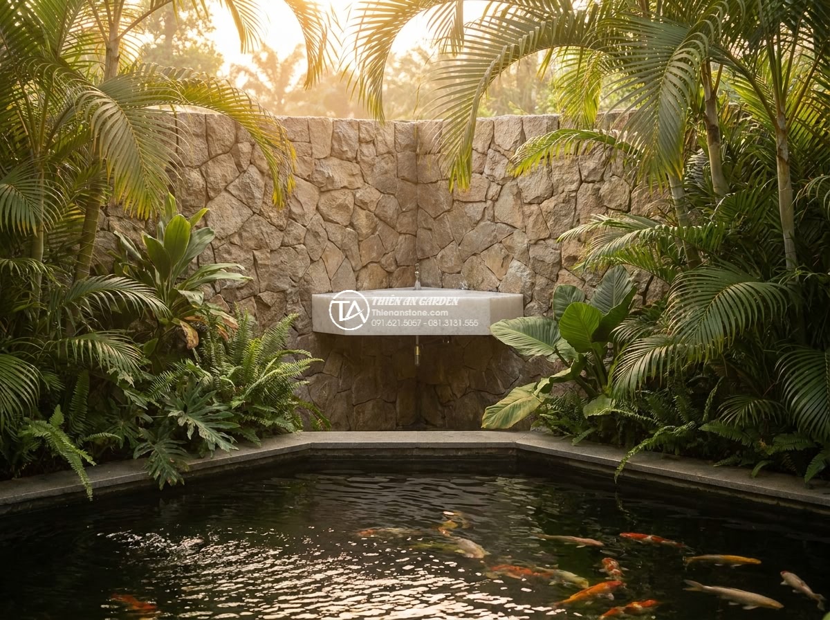 Lavabo đá trắng cẩm thạch góc (400x400x150mm) - Wide angle cinematic view of luxury villa garden corner at golden hour, featurin