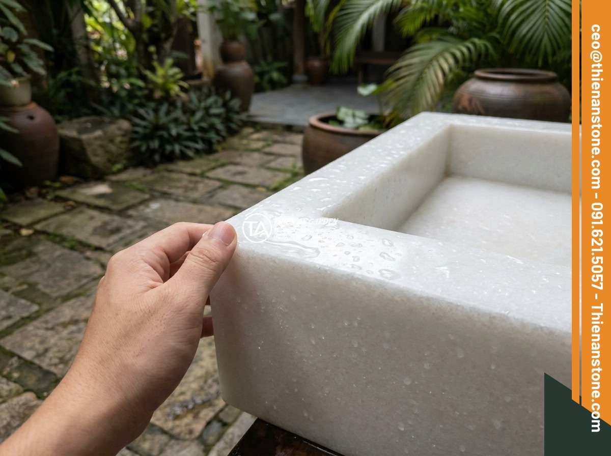 Lavabo đá trắng cẩm thạch góc (400x400x150mm) - Hình 4 Lavabo đá trắng cẩm thạch góc (400x400x150mm) - Tactile close-up of hand gently touching polished white marble corner lavabo 400