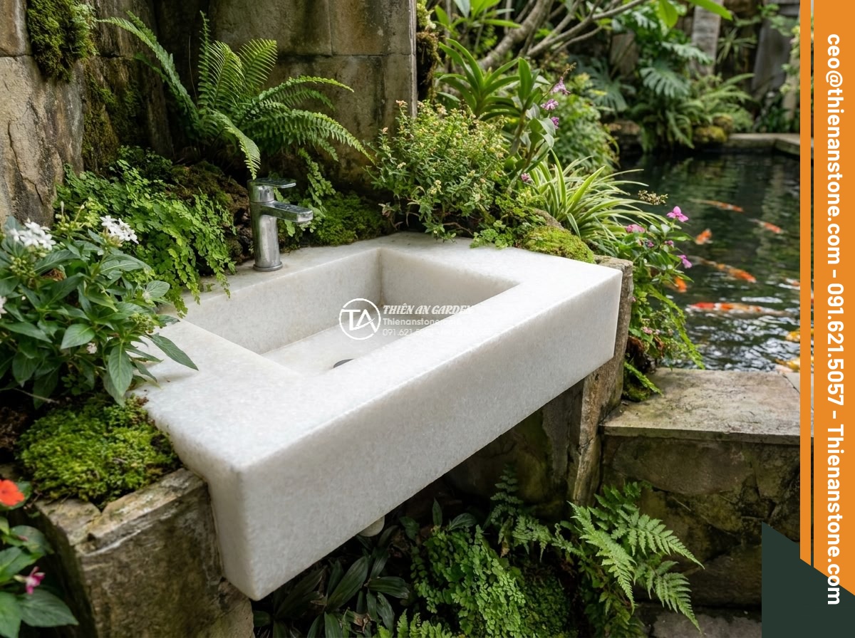 Lavabo đá trắng cẩm thạch góc (400x400x150mm) - Hình 8 Lavabo đá trắng cẩm thạch góc (400x400x150mm) - Long term comparison lifestyle image showing white marble corner lavabo 400x400x