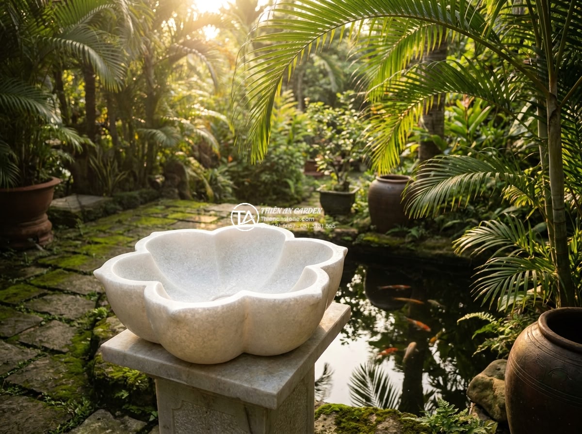 Lavabo đá trắng cẩm thạch hình bông hoa (400x400x150mm) - Wide cinematic shot of a luxurious white marble flower-shaped lavabo 400x400x150