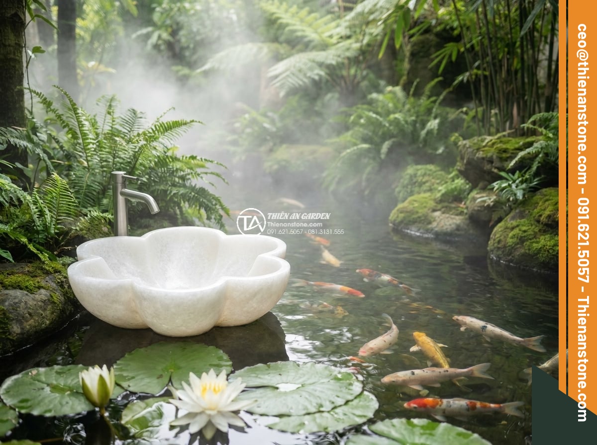 Lavabo đá trắng cẩm thạch hình bông hoa (400x400x150mm) - Hình 7 Lavabo đá trắng cẩm thạch hình bông hoa (400x400x150mm) - Serene scene of white marble flower lavabo positioned right next to a beautiful