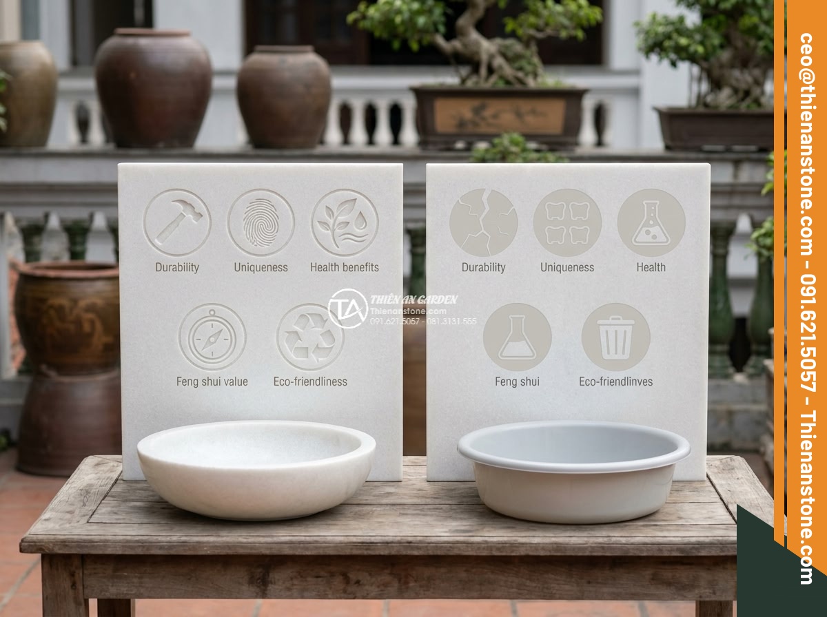 Lavabo đá trắng cẩm thạch hình bông hoa (400x400x150mm) - Hình 9 Lavabo đá trắng cẩm thạch hình bông hoa (400x400x150mm) - Comparison infographic style image showing the long-term benefits of natural whi