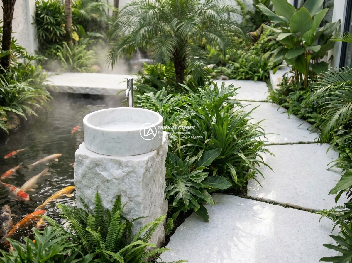 Lavabo đá trắng cẩm thạch hình trụ nông cao 15cm (400x400x150mm) - Serene wide-angle view of a luxurious Vietnamese villa garden designed by Da Can