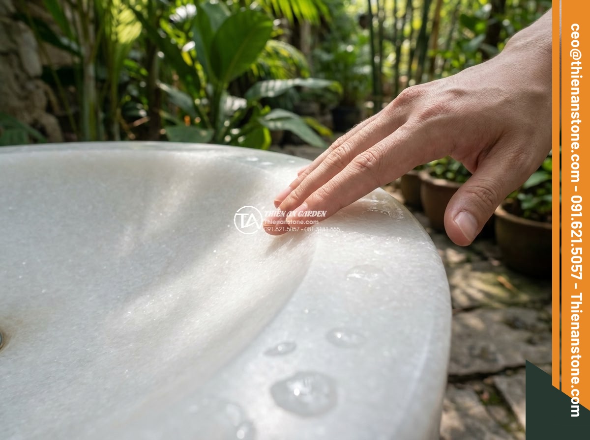 Lavabo đá trắng cẩm thạch hình trụ nông cao 15cm (400x400x150mm) - Hình 4 Lavabo đá trắng cẩm thạch hình trụ nông cao 15cm (400x400x150mm) - Tactile close-up of a hand gently touching the smooth polished surface of the wh