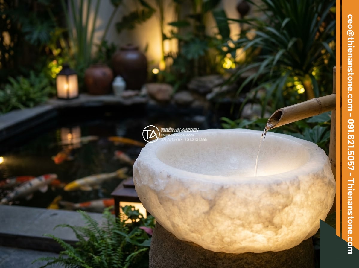 Lavabo đá trắng cẩm thạch hình trụ nông cao 15cm (400x400x150mm) - Hình 5 Lavabo đá trắng cẩm thạch hình trụ nông cao 15cm (400x400x150mm) - Evening scene of the white marble lavabo in a beautifully lit garden with warm g