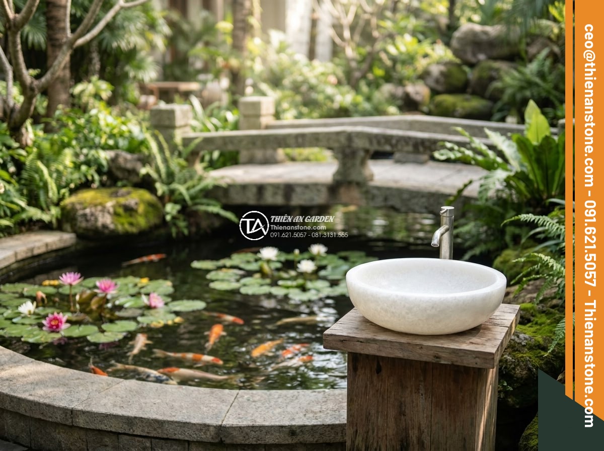 Lavabo đá trắng cẩm thạch hình trụ nông cao 15cm (400x400x150mm) - Hình 7 Lavabo đá trắng cẩm thạch hình trụ nông cao 15cm (400x400x150mm) - Beautiful integration of the white marble lavabo next to a large Koi pond in a r
