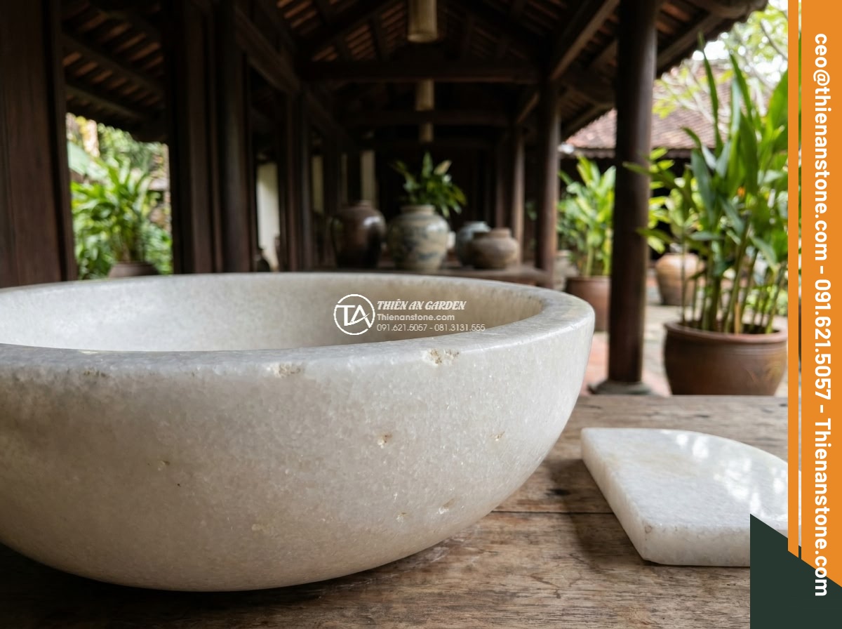 Lavabo đá trắng cẩm thạch hình trụ nông cao 15cm (400x400x150mm) - Hình 9 Lavabo đá trắng cẩm thạch hình trụ nông cao 15cm (400x400x150mm) - Professional product shot of the lavabo stone after years of use showing maintai