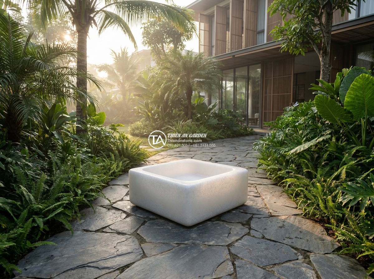 Lavabo đá trắng cẩm thạch hình vuông bo cạnh 42cm (420x420x150mm) - Wide cinematic view of a luxurious modern villa garden at sunrise, featuring a s