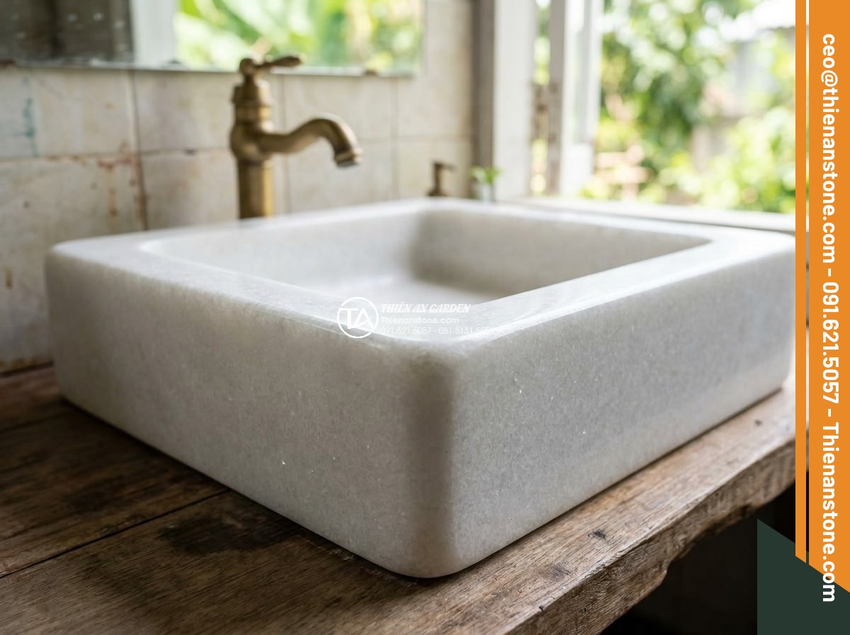 Lavabo đá trắng cẩm thạch hình vuông bo cạnh 42cm (420x420x150mm) - Hình 2 Lavabo đá trắng cẩm thạch hình vuông bo cạnh 42cm (420x420x150mm) - Close-up detailed shot of the square white marble sink with softly rounded edges