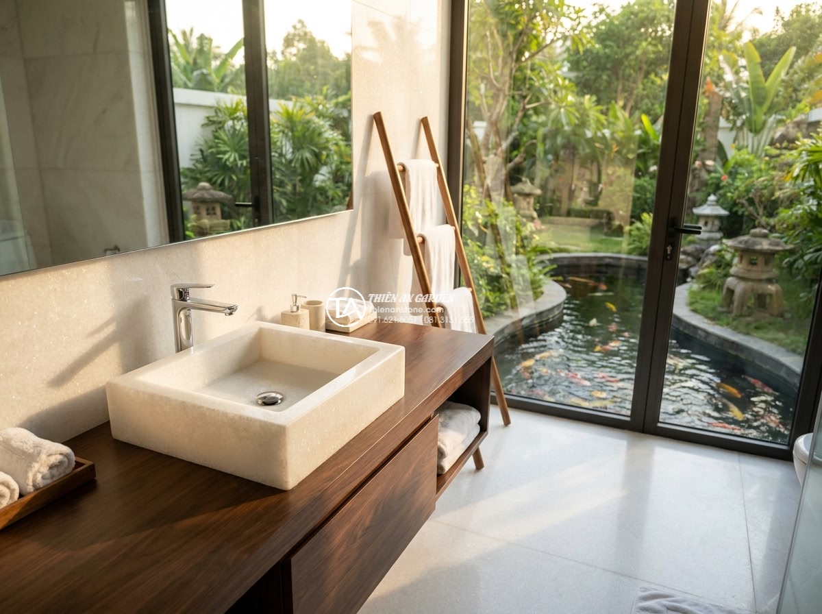 Lavabo đá trắng cẩm thạch hình vuông vát cạnh (400x400x150mm) - Photorealistic wide shot of a luxurious modern villa bathroom overlooking a lush