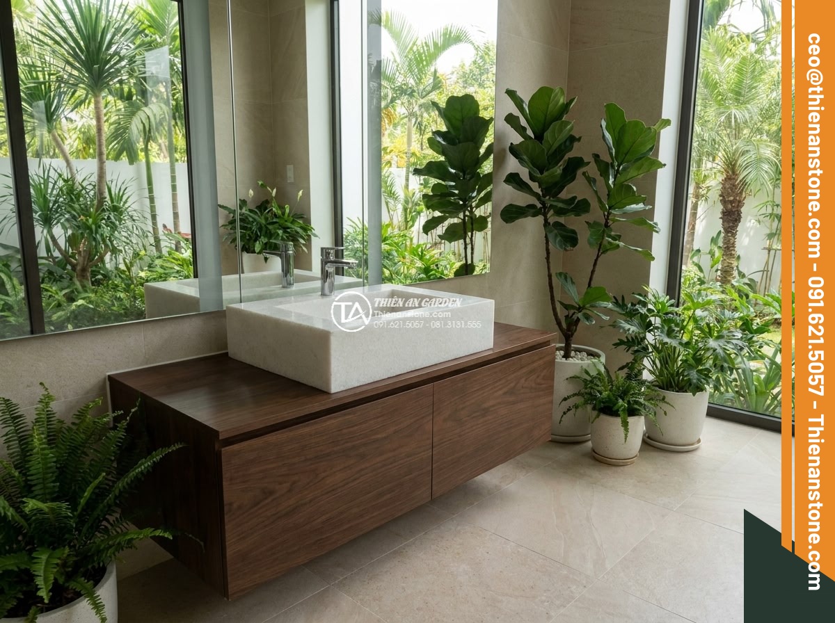 Lavabo đá trắng cẩm thạch hình vuông vát cạnh (400x400x150mm)