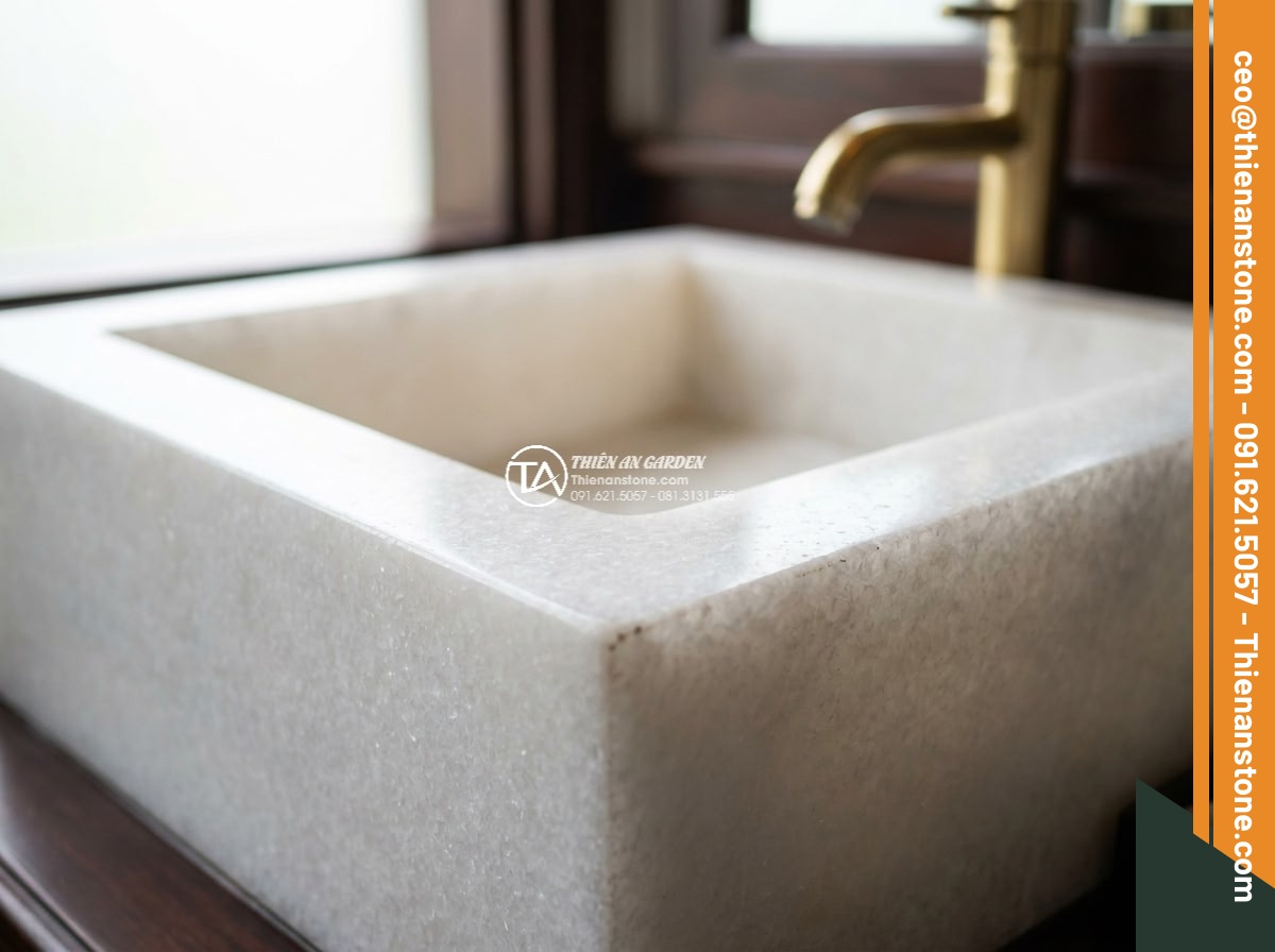 Lavabo đá trắng cẩm thạch hình vuông vát cạnh (400x400x150mm)