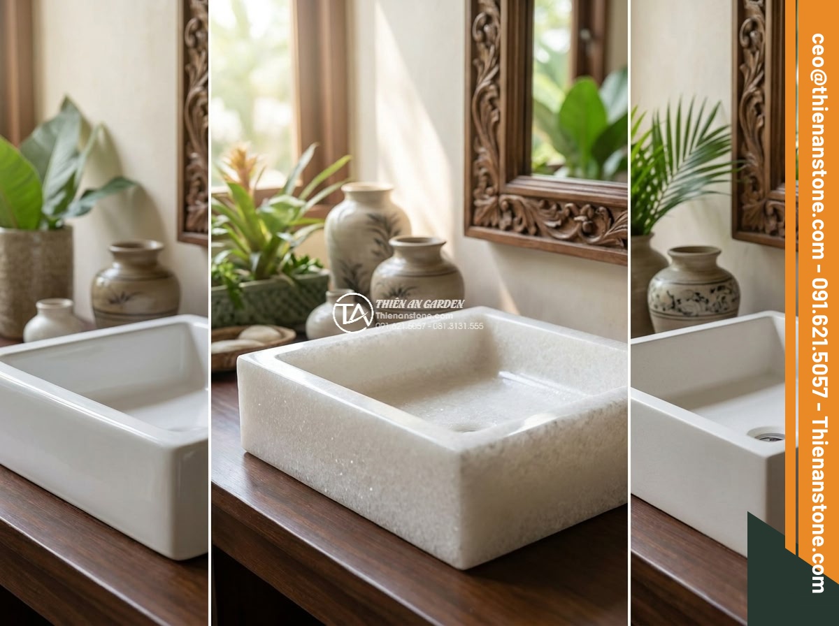 Lavabo đá trắng cẩm thạch hình vuông vát cạnh (400x400x150mm)