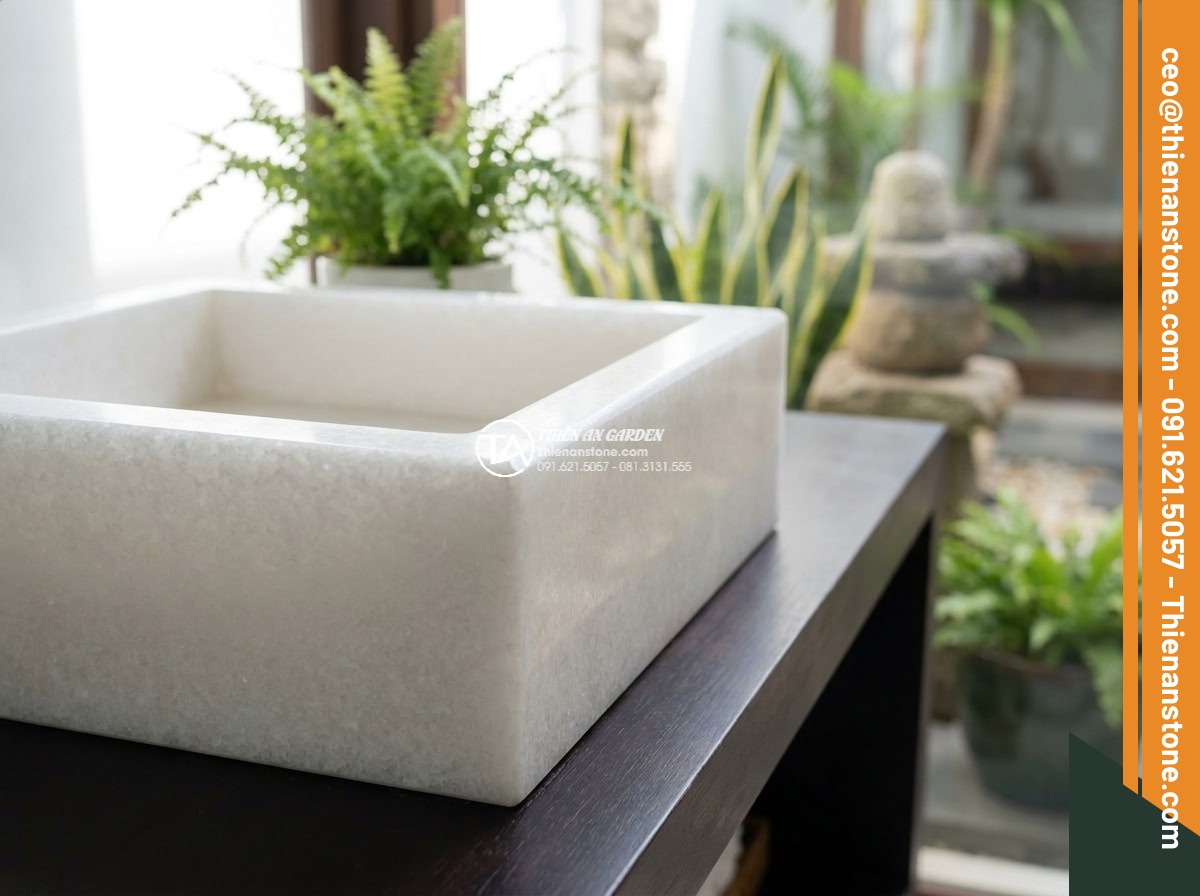 Lavabo đá trắng cẩm thạch hình vuông vát cạnh (400x400x150mm)