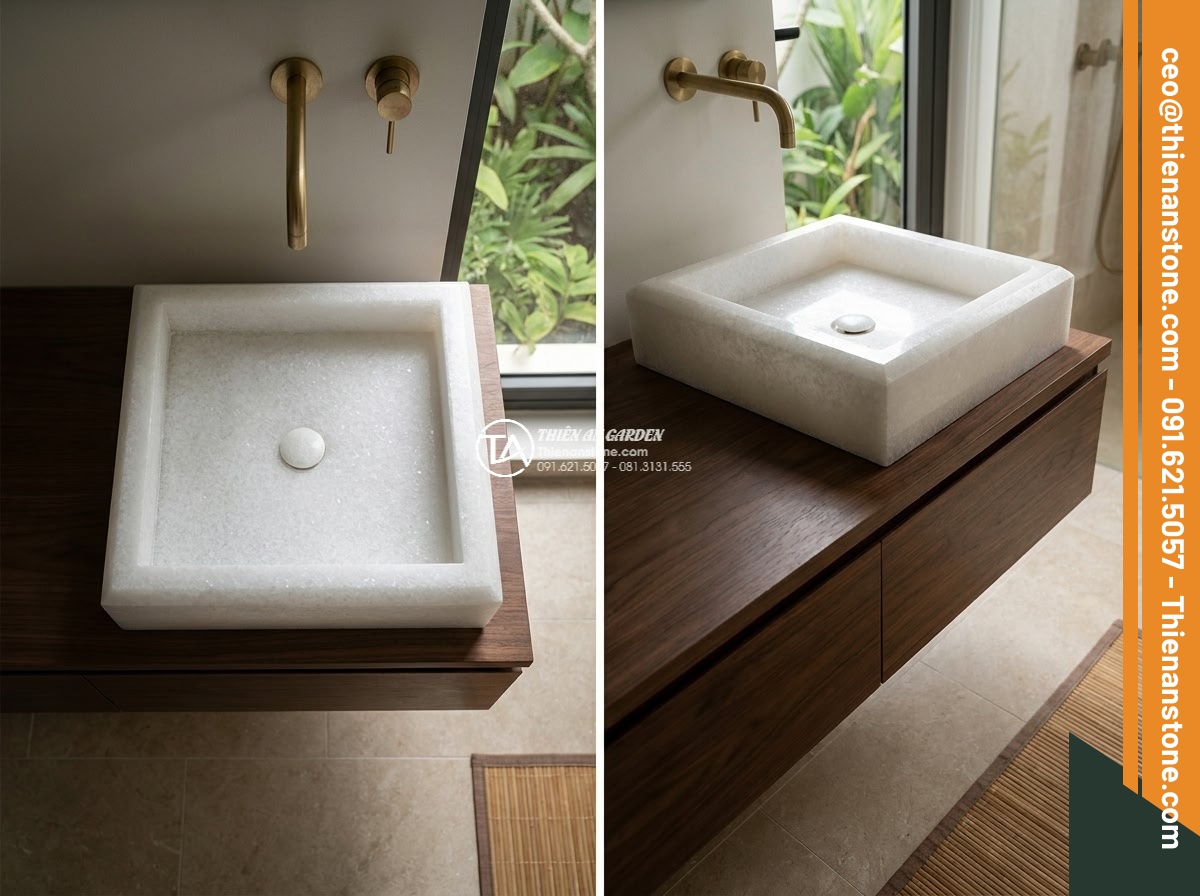 Lavabo đá trắng cẩm thạch hình vuông vát cạnh (400x400x150mm)